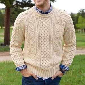 JOHN MOLLOY vintage wool cable knit fisherman sweater made in Ireland cream Lge